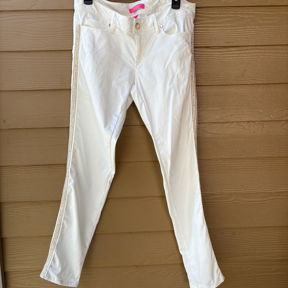 Lilly Pulitzer Worth Low Rise Skinny Jeans with gold detail in Coconut Size 8 - Picture 2 of 8